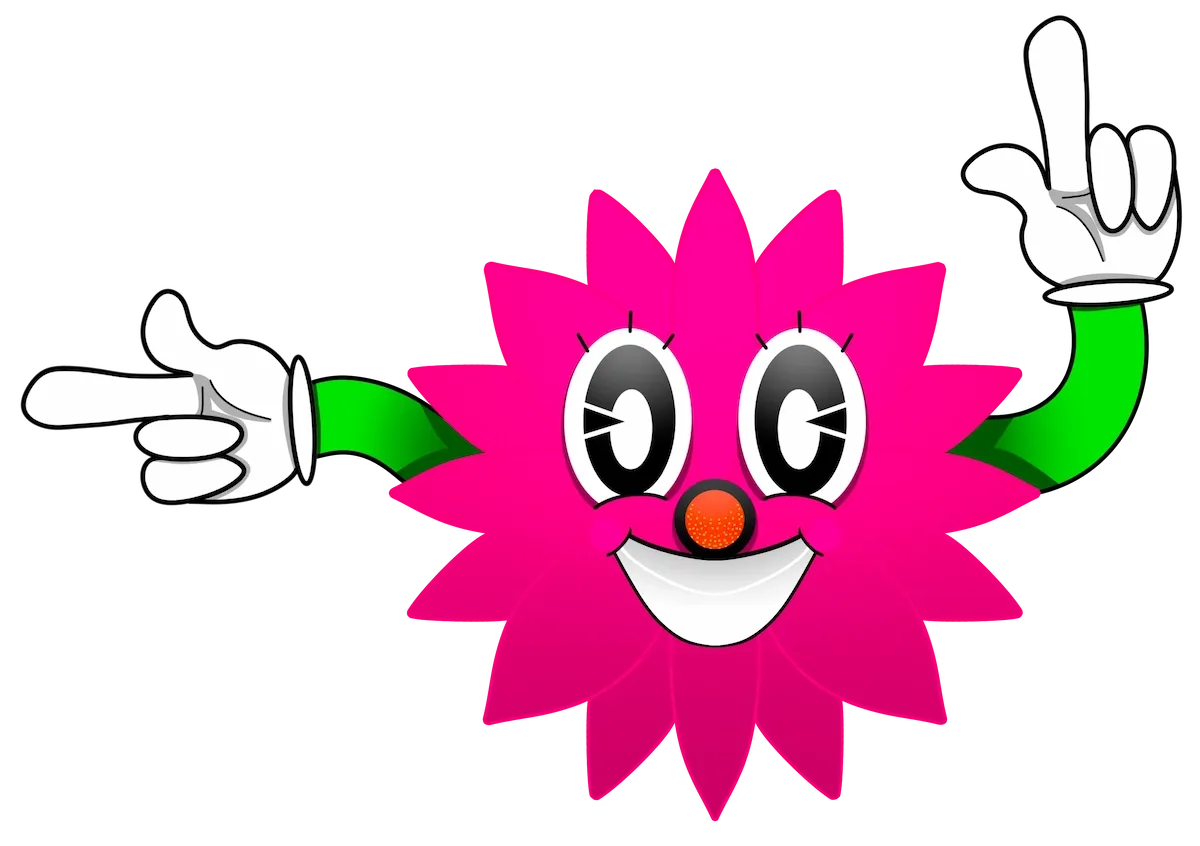 La mascotte di Salute Nature: un fiore fucsia sorridente